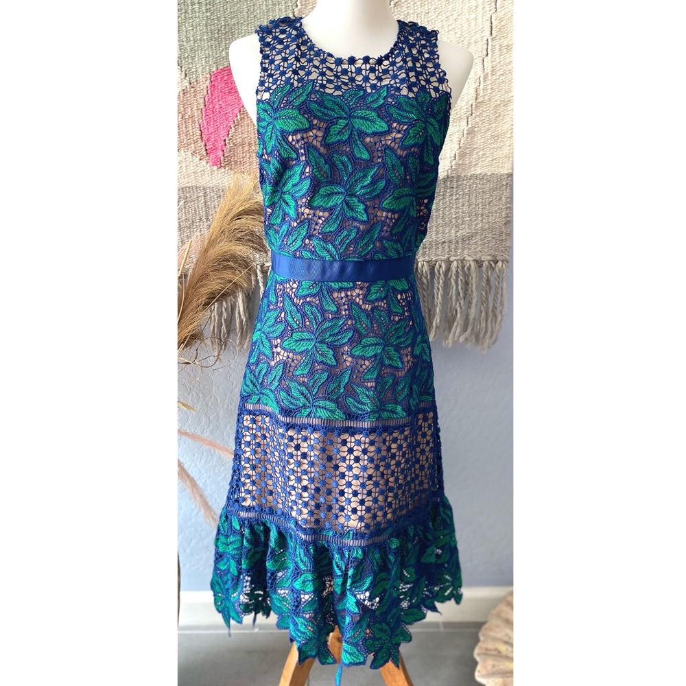 Belle by Bagdley Mischka cobalt leaf eyelet dress